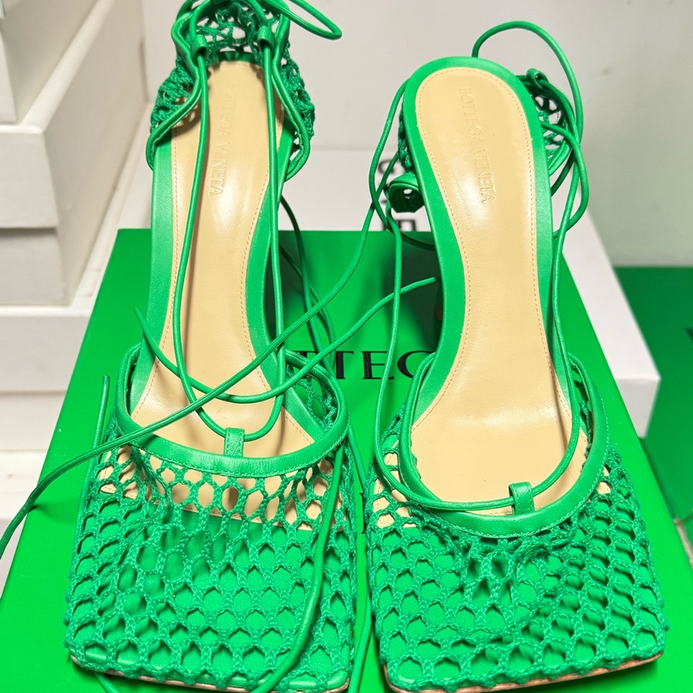 Bottega Veneta Green Stiletto Heels with Ankle Wrap